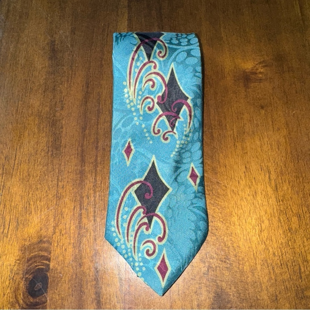 Screenplay by Martin Wong Mens Tie 100% Silk Abstract Teal Blue Diamond Retro